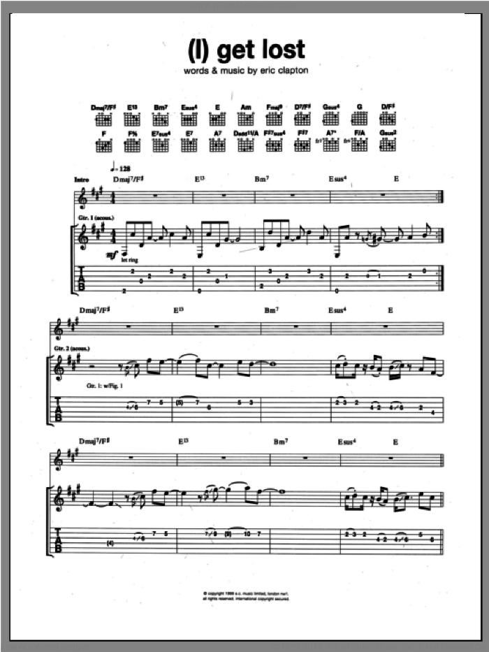 (I) Get Lost sheet music for guitar (tablature) by Eric Clapton, intermediate skill level