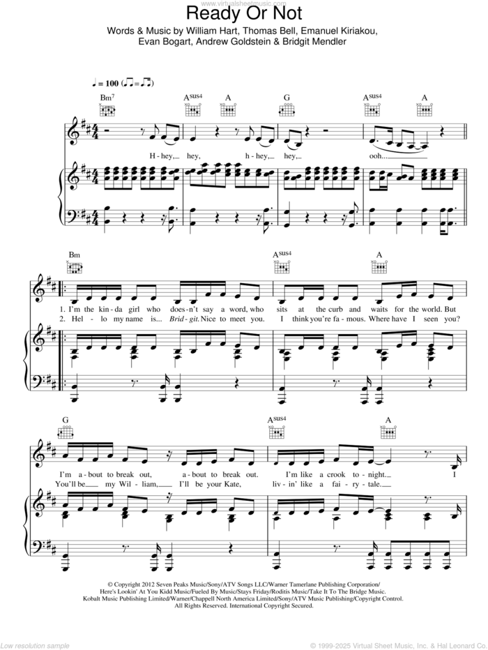 Ready Or Not sheet music for voice, piano or guitar by Bridgit Mendler, Andrew Goldstein, Emanuel Kiriakou, Evan Bogart, Thomas Bell and William Hart, intermediate skill level