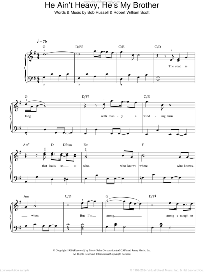 He Ain't Heavy, He's My Brother sheet music for piano solo by The Justice Collective, Bob Russell and Bobby Scott, easy skill level