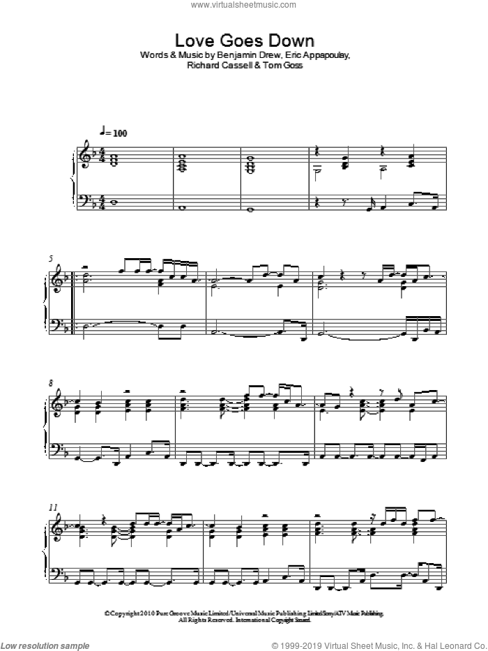 Love Goes Down sheet music for piano solo by Plan B, Benjamin Drew, Eric Appapoulay, Richard Cassell and Tom Goss, intermediate skill level