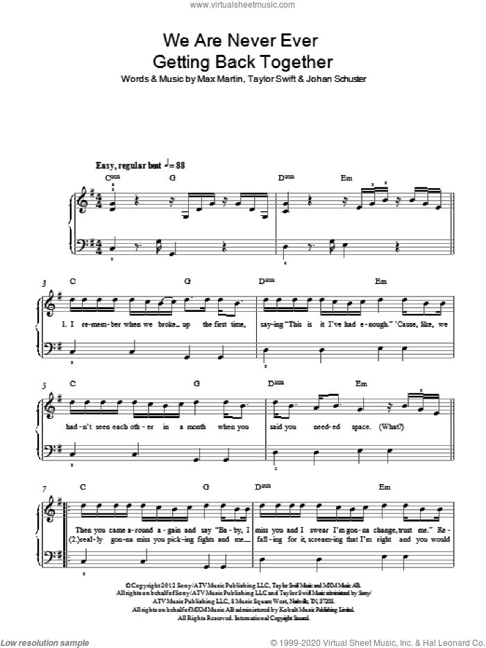 We Are Never Ever Getting Back Together sheet music for piano solo by Taylor Swift, Max Martin and Shellback, easy skill level