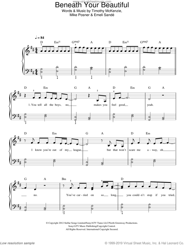 Beneath Your Beautiful sheet music for piano solo by Labrinth Featuring Emeli Sande, Emeli Sande, Mike Posner and Timothy McKenzie, easy skill level
