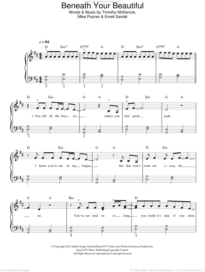 Beneath Your Beautiful sheet music for piano solo by Labrinth Featuring Emeli Sande, Emeli Sande, Mike Posner and Timothy McKenzie, easy skill level