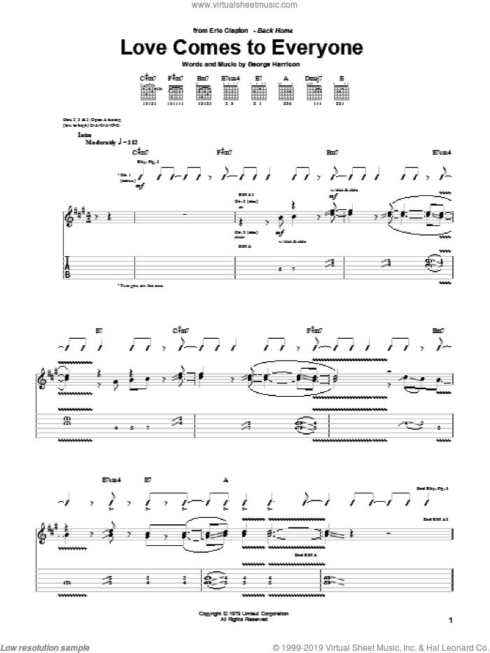 Love Comes To Everyone sheet music for guitar (tablature) by Eric Clapton and George Harrison, intermediate skill level