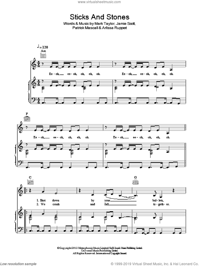 Sticks And Stones sheet music for voice, piano or guitar by Arlissa, Arlissa Ruppert, Jamie Scott, Mark Taylor and Patrick Mascall, intermediate skill level