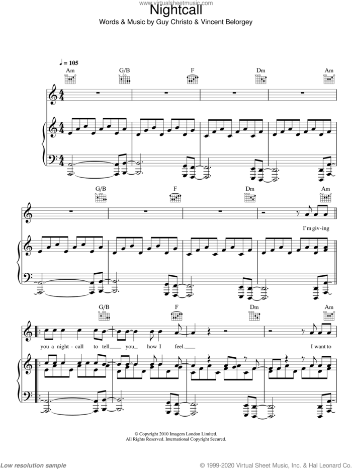 Nightcall sheet music for voice, piano or guitar by Kavinsky, Guy Christo and Vincent Belorgey, intermediate skill level