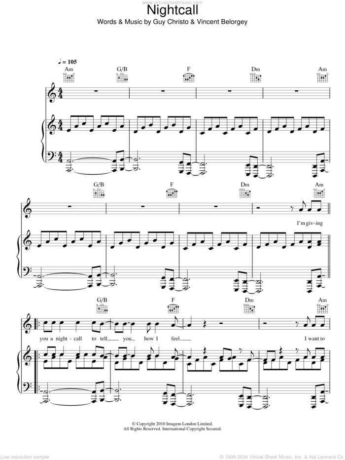 Nightcall sheet music for voice, piano or guitar by Kavinsky, Guy Christo and Vincent Belorgey, intermediate skill level