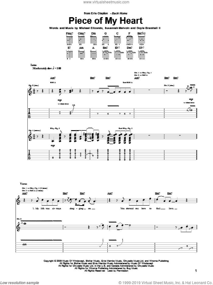 Piece Of My Heart sheet music for guitar (tablature) by Eric Clapton, Doyle Bramhall, Mike Elizondo and Susannah Melvoin, intermediate skill level