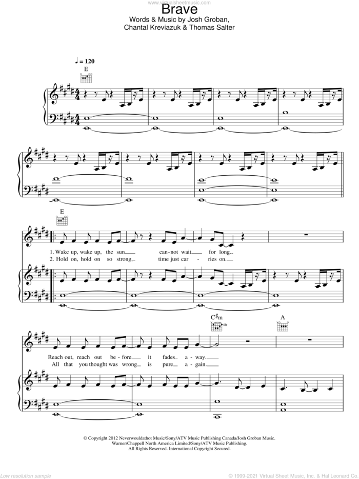 Brave sheet music for voice, piano or guitar by Josh Groban, Chantal Kreviazuk and Thomas Salter, intermediate skill level