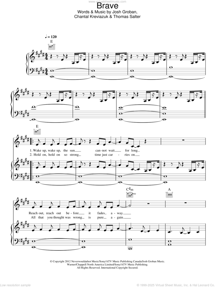 Brave sheet music for voice, piano or guitar by Josh Groban, Chantal Kreviazuk and Thomas Salter, intermediate skill level