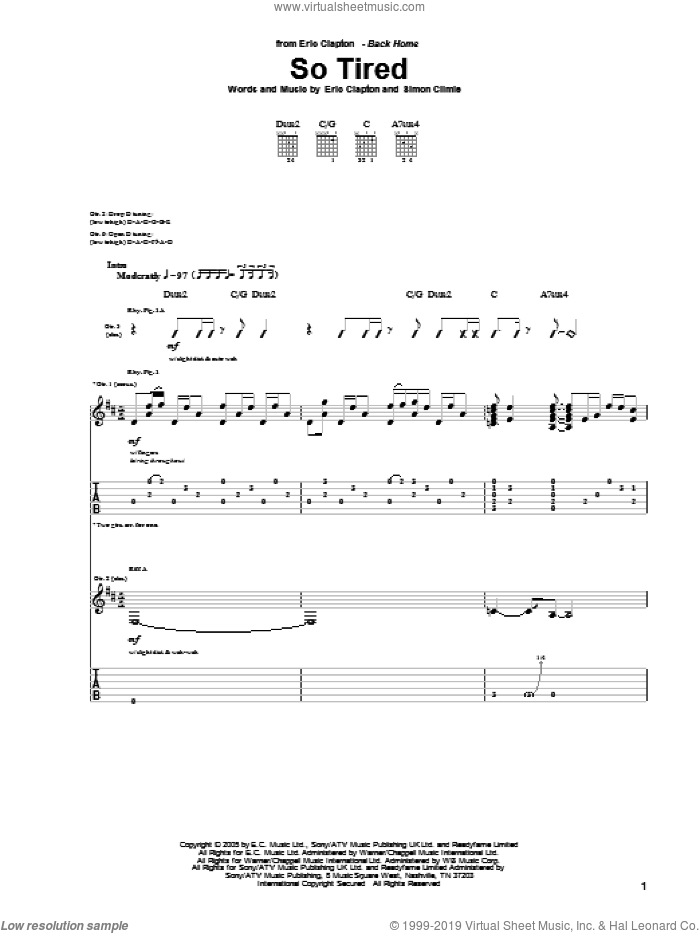 So Tired sheet music for guitar (tablature) by Eric Clapton and Simon Climie, intermediate skill level