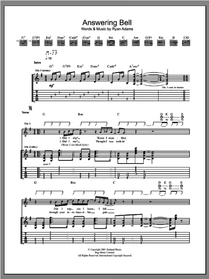 Answering Bell sheet music for guitar (tablature) by Ryan Adams, intermediate skill level