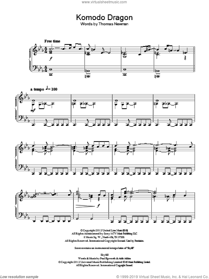 Komodo Dragon sheet music for piano solo by Thomas Newman, intermediate skill level