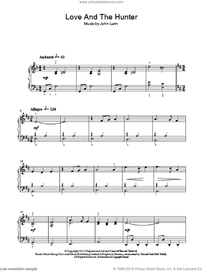 Love And The Hunter, (easy) sheet music for piano solo by John Lunn, easy skill level
