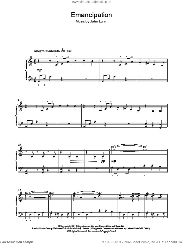 Emancipation, (easy) sheet music for piano solo by John Lunn, easy skill level