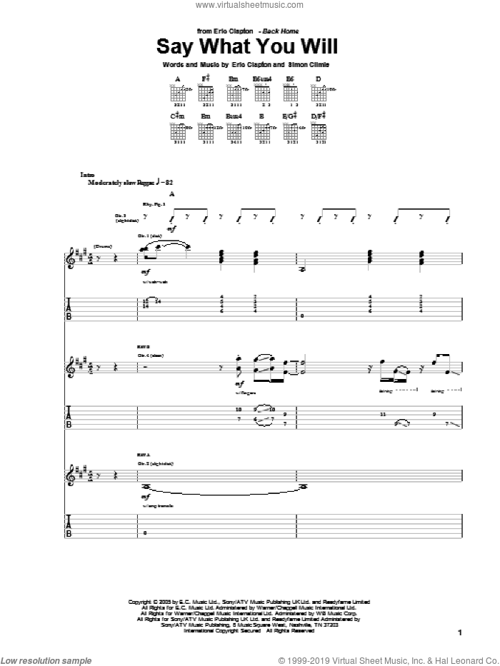 Say What You Will sheet music for guitar (tablature) by Eric Clapton and Simon Climie, intermediate skill level