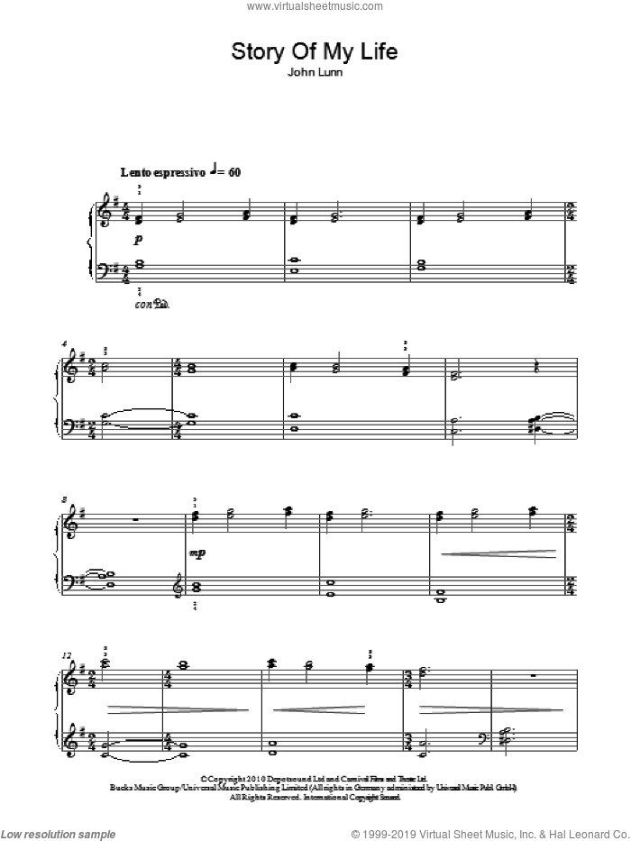 Story Of My Life, (easy) sheet music for piano solo by John Lunn, easy skill level