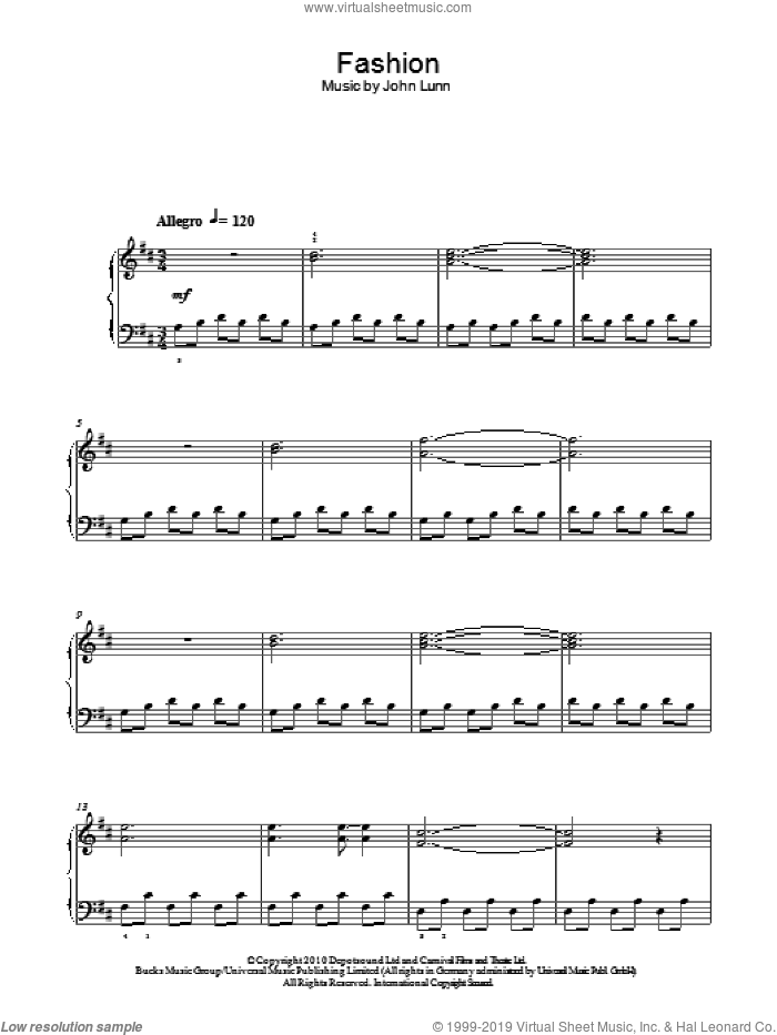 Fashion sheet music for piano solo by John Lunn, easy skill level
