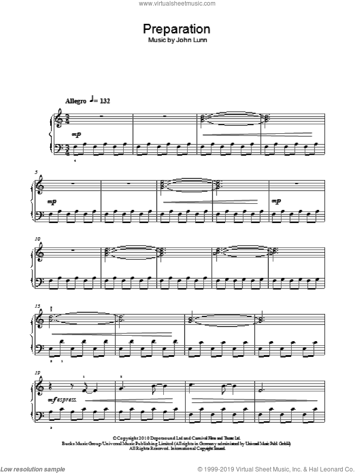 Preparation sheet music for piano solo by John Lunn, easy skill level