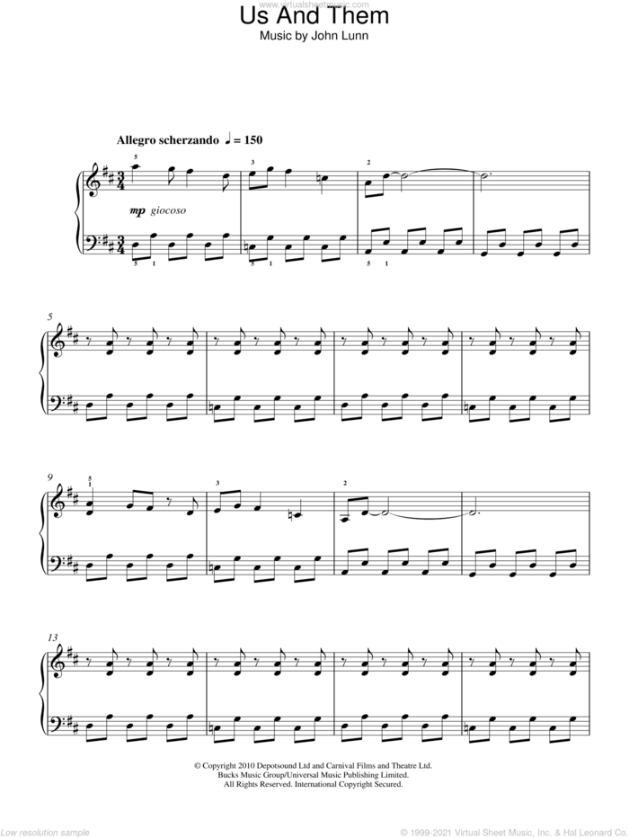 Us And Them, (easy) sheet music for piano solo by John Lunn, easy skill level