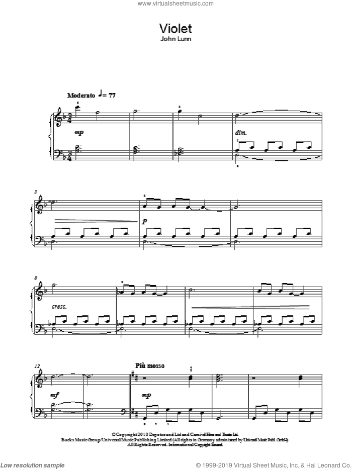 Violet, (easy) sheet music for piano solo by John Lunn, easy skill level