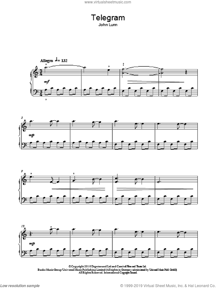 Telegram sheet music for piano solo by John Lunn, easy skill level