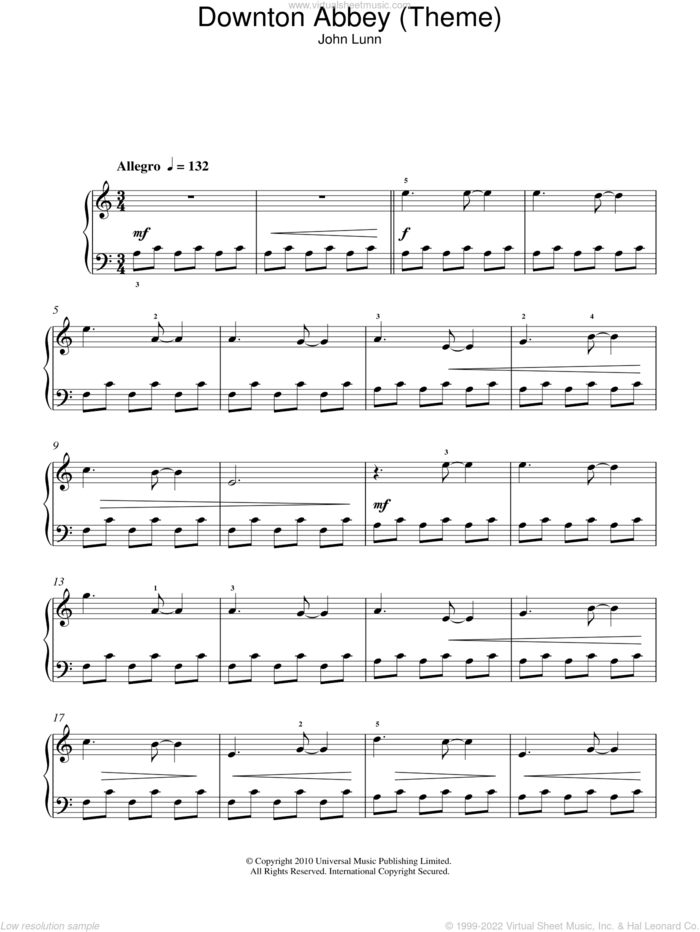 Downton Abbey (Theme), (easy) (Theme) sheet music for piano solo by John Lunn, easy skill level