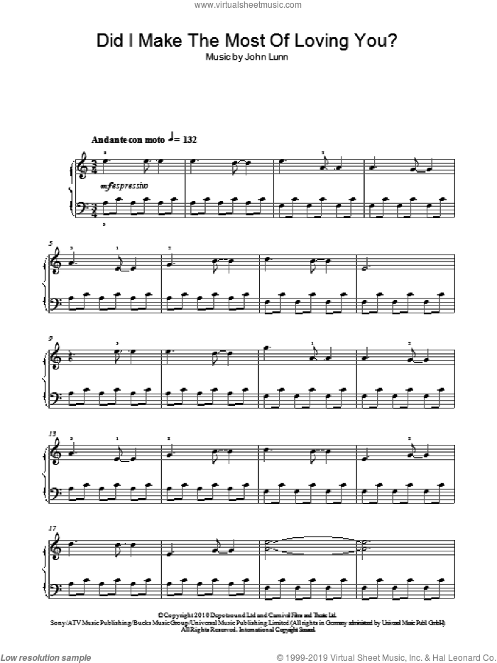 Did I Make The Most Of Loving You sheet music for piano solo by John Lunn and Don Black, easy skill level