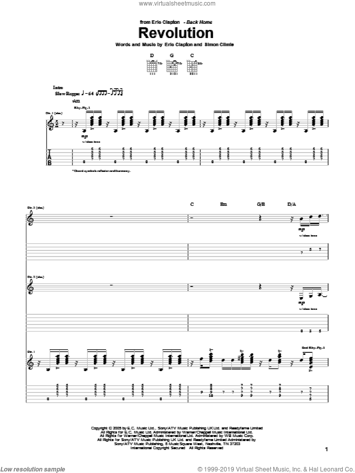 Revolution sheet music for guitar (tablature) by Eric Clapton and Simon Climie, intermediate skill level