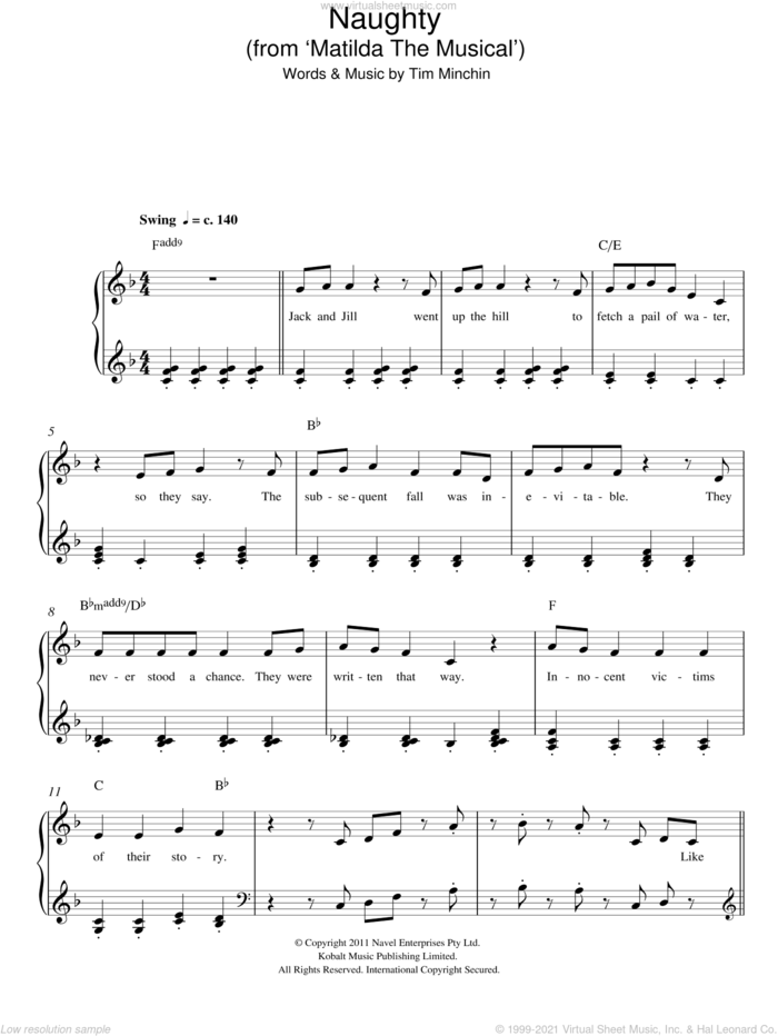 Naughty (From 'Matilda The Musical') sheet music for piano solo by Tim Minchin, easy skill level