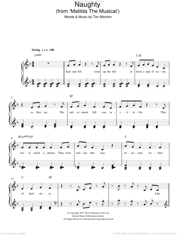 Naughty (From 'Matilda The Musical') sheet music for piano solo by Tim Minchin, easy skill level