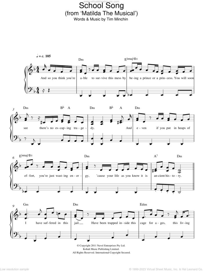School Song (From 'Matilda The Musical') sheet music for piano solo by Tim Minchin, easy skill level