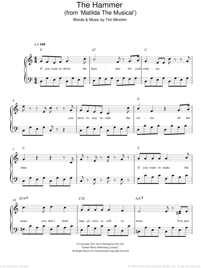 The Hammer ('From Matilda The Musical') sheet music for piano solo by Tim Minchin, easy skill level