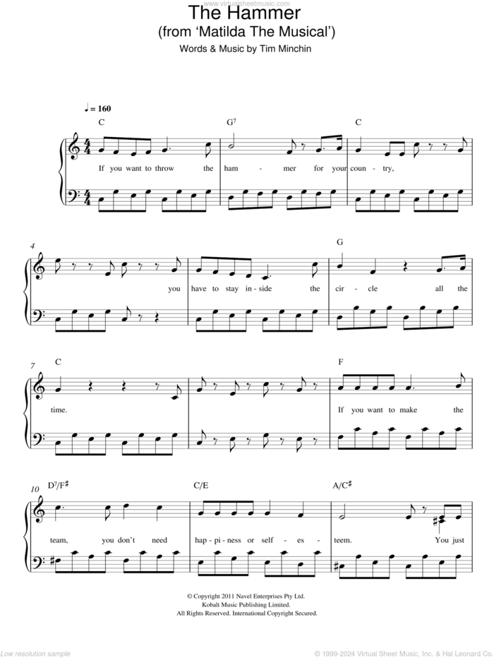 The Hammer ('From Matilda The Musical') sheet music for piano solo by Tim Minchin, easy skill level