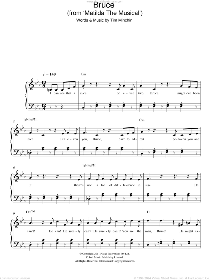 Bruce ('From Matilda The Musical') sheet music for piano solo by Tim Minchin, easy skill level