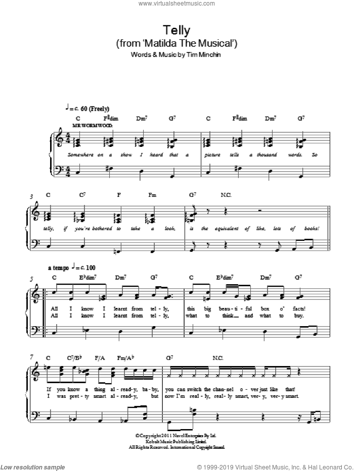 Telly ('From Matilda The Musical') sheet music for piano solo by Tim Minchin, easy skill level