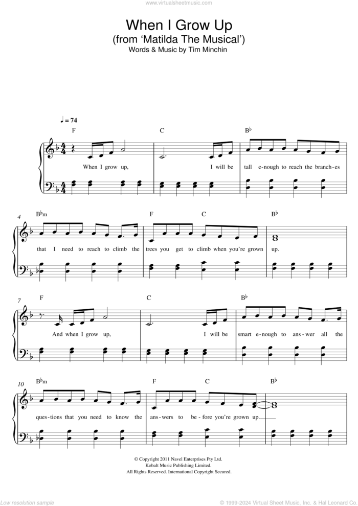 When I Grow Up (From 'Matilda The Musical') sheet music for piano solo by Tim Minchin, easy skill level