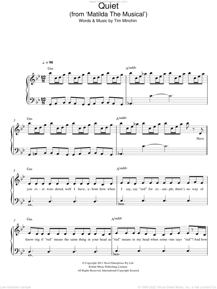 Quiet ('From Matilda The Musical') sheet music for piano solo by Tim Minchin, easy skill level