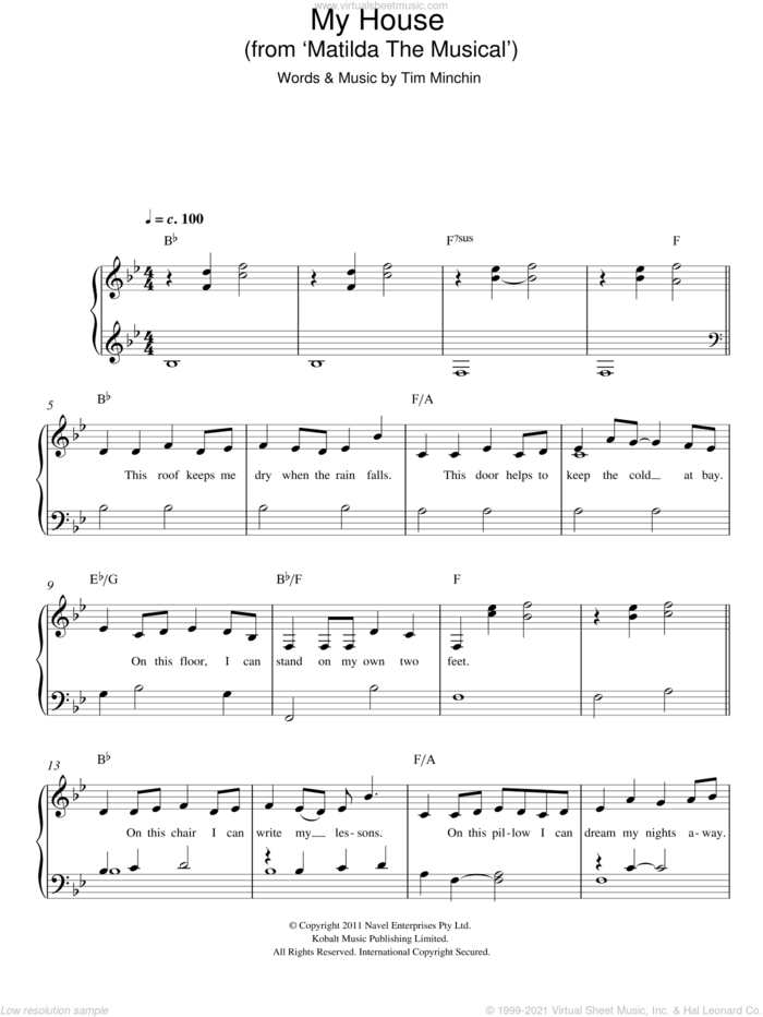 My House ('From Matilda The Musical') sheet music for piano solo by Tim Minchin, easy skill level