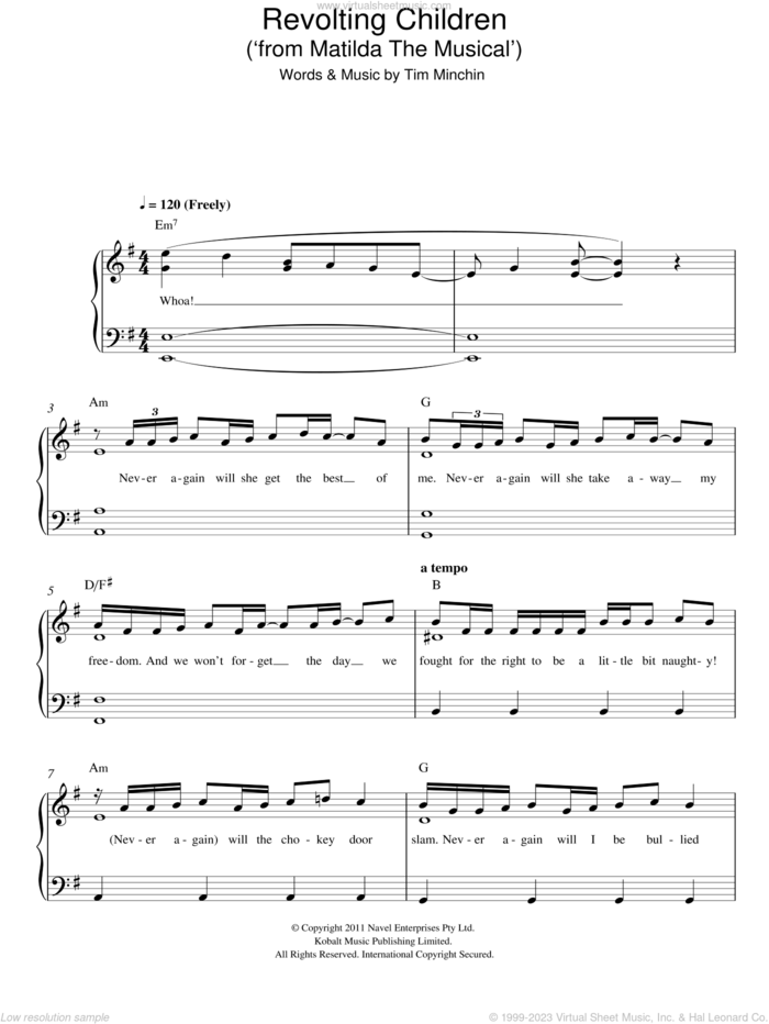 Revolting Children ('From Matilda The Musical') sheet music for piano solo by Tim Minchin, easy skill level