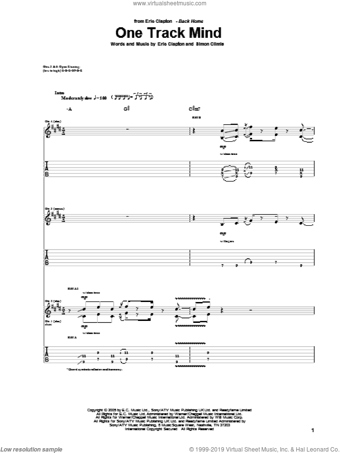 One Track Mind sheet music for guitar (tablature) by Eric Clapton and Simon Climie, intermediate skill level
