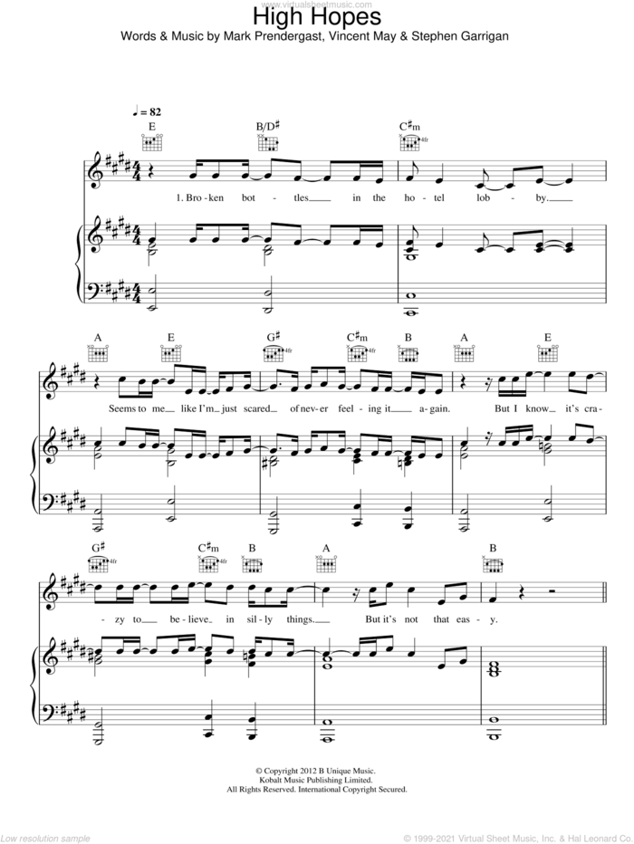 High Hopes sheet music for voice, piano or guitar by Kodaline, Mark Prendergast, Stephen Garrigan and Vincent May, intermediate skill level