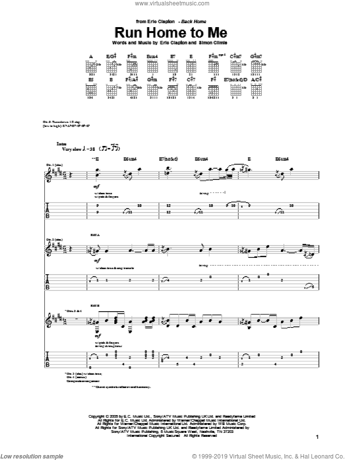 Run Home To Me sheet music for guitar (tablature) by Eric Clapton and Simon Climie, intermediate skill level