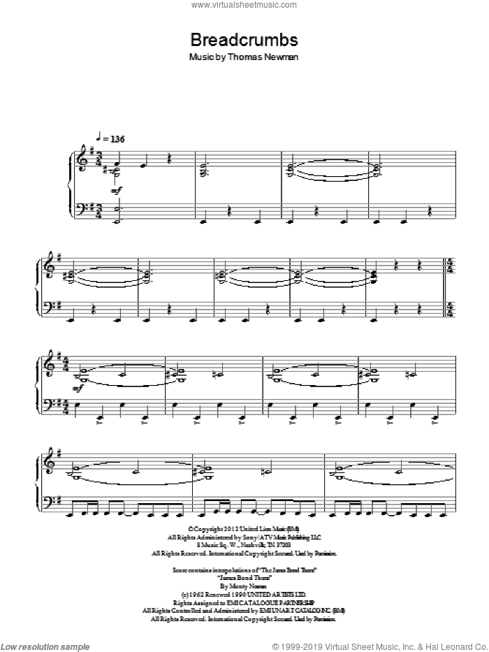 Breadcrumbs sheet music for piano solo by Thomas Newman, intermediate skill level