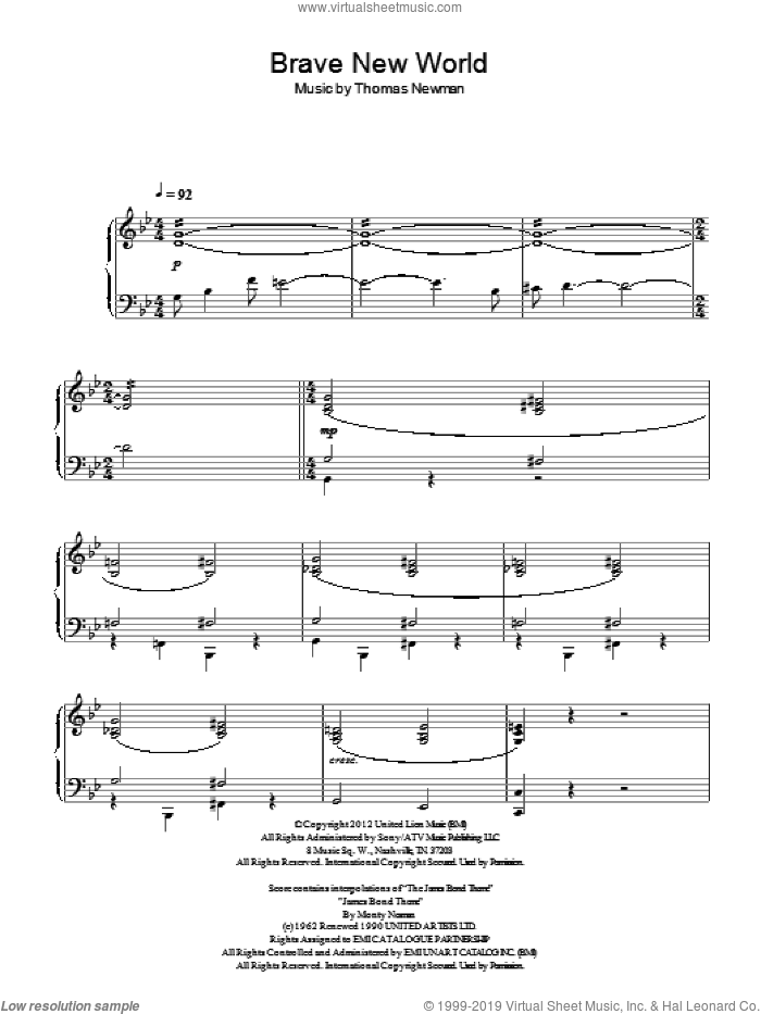 Brave New World sheet music for piano solo by Thomas Newman, intermediate skill level