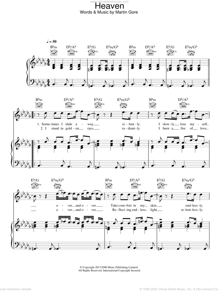 Heaven sheet music for voice, piano or guitar by Depeche Mode and Martin Gore, intermediate skill level