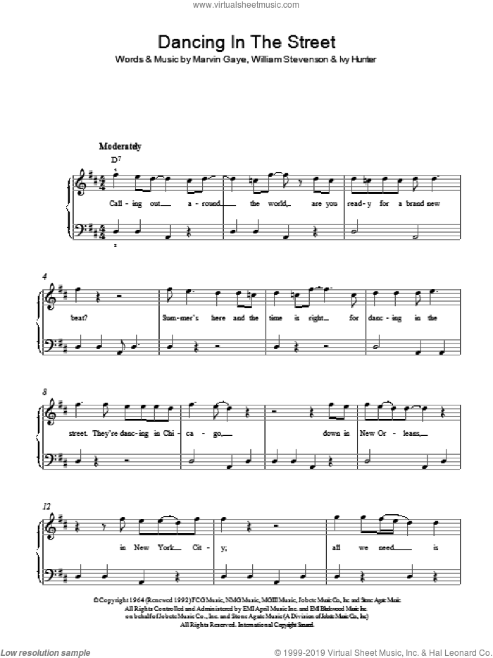 Dancing In The Street sheet music for piano solo by Martha & The Vandellas Reeves, Ivy Jo Hunter, Marvin Gaye and William Stevenson, easy skill level