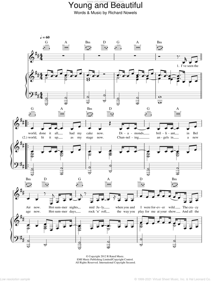 Young And Beautiful sheet music for voice, piano or guitar by Lana Del Rey and Rick Nowels, intermediate skill level