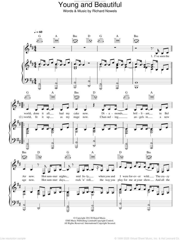 Young And Beautiful sheet music for voice, piano or guitar by Lana Del Rey and Rick Nowels, intermediate skill level