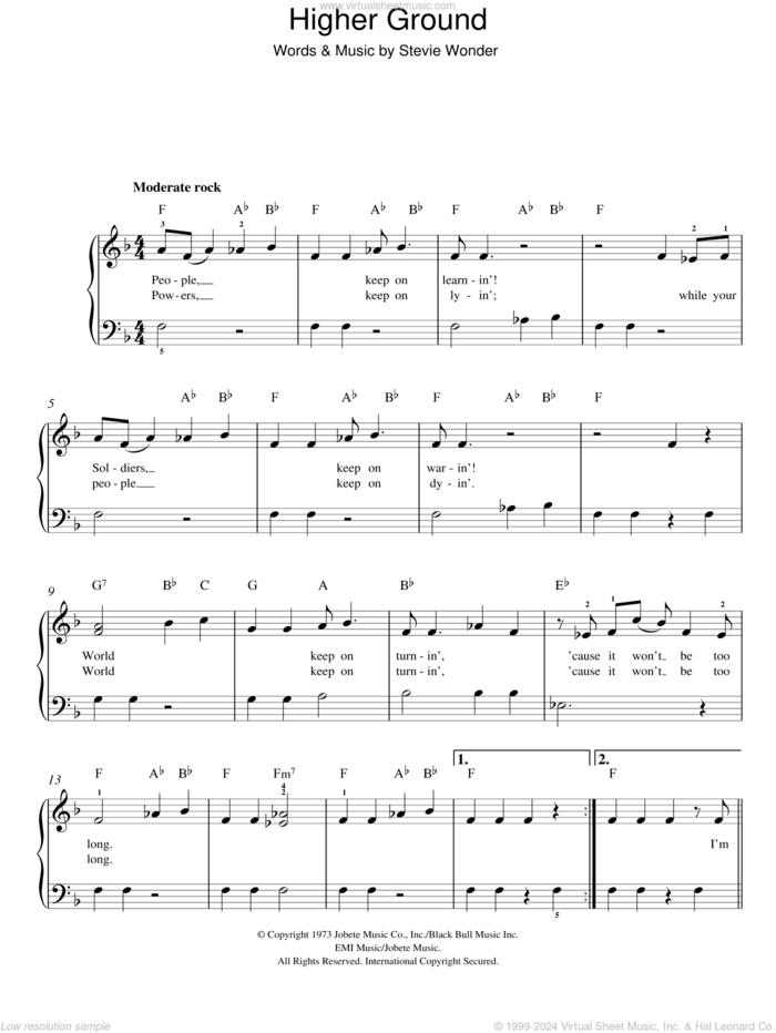 Higher Ground sheet music for piano solo by Stevie Wonder, easy skill level